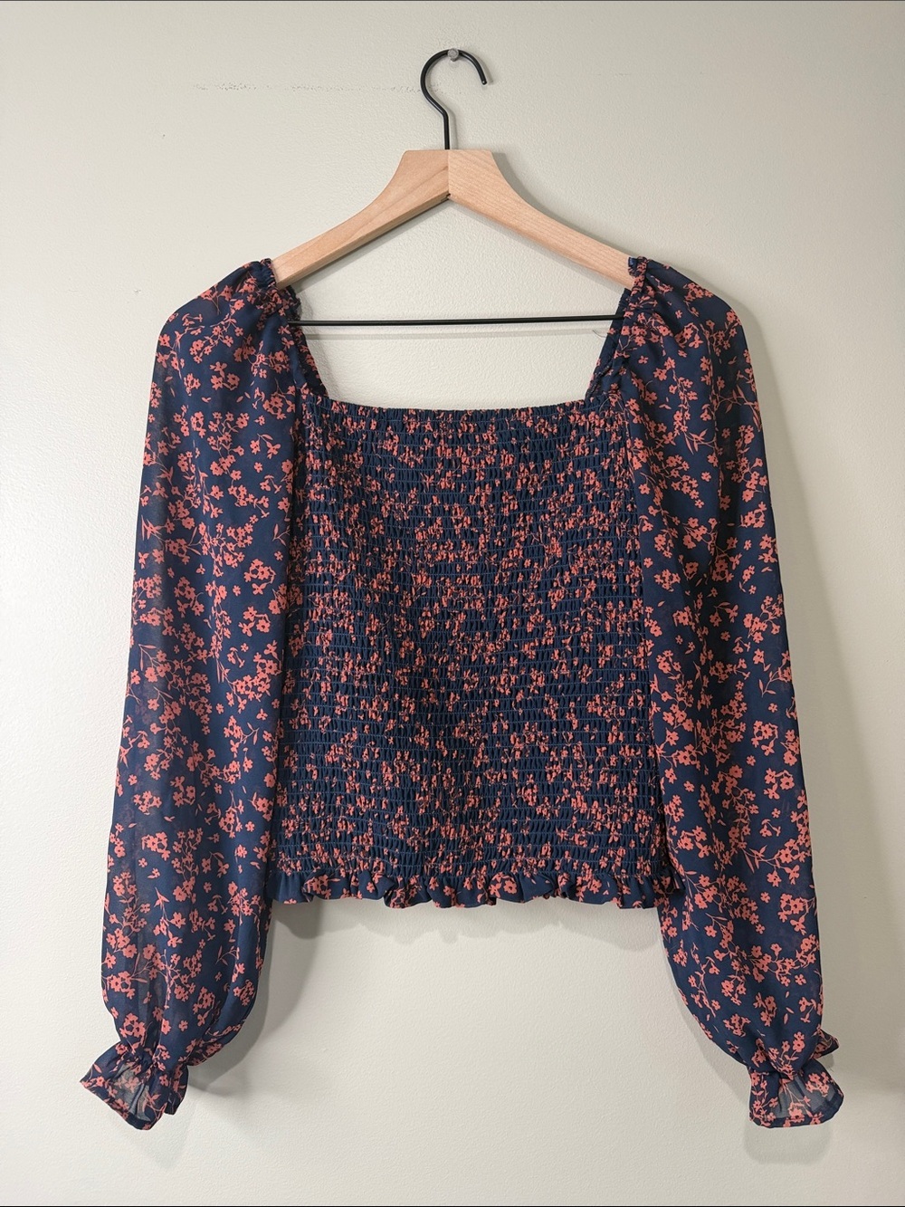 Lush Smocked Square-Neck Floral Top - Navy with Coral Print Medium